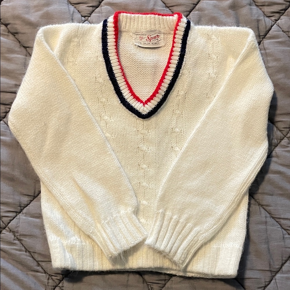 Boys Vintage White V-Neck Sweater with Red and Blue Trim ❤️ Classic Preppy